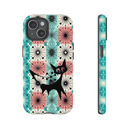 Atomic Kitschy Cat, Mid Century Modern Pink, Aqua Starbursts Tough Phone Case