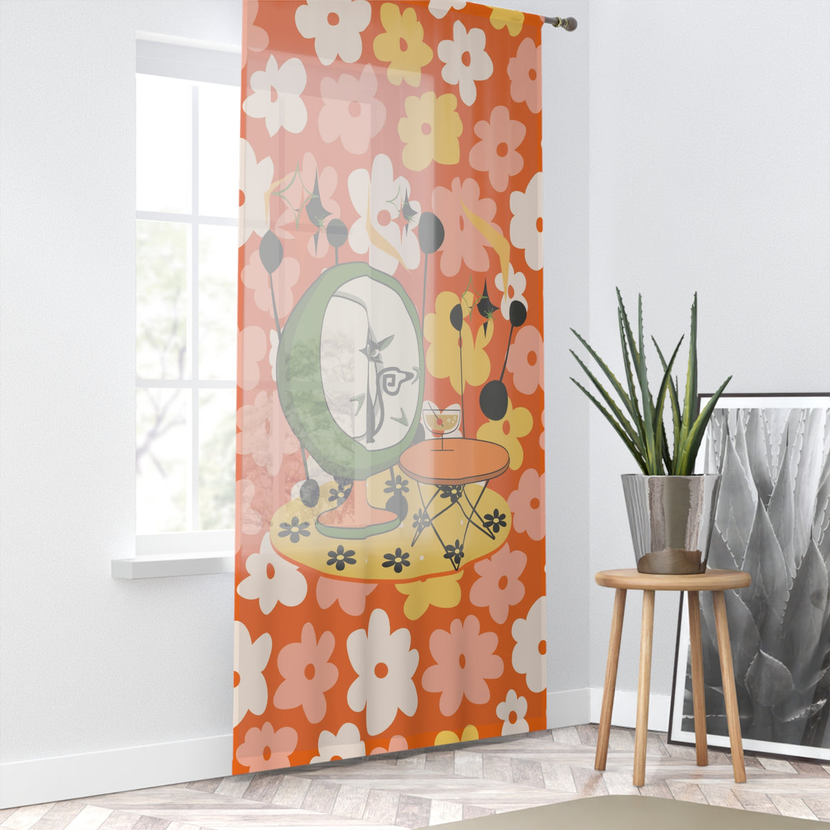 Atomic Groovy Cat, Vibrant Floral Sheer Window Curtain - Retro Design - Mid Century Modern Gal