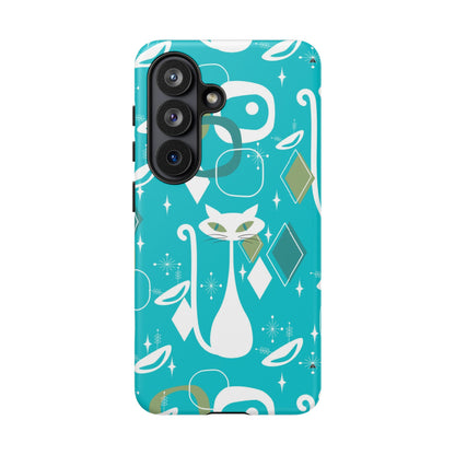 Atomic Cat Space Designs, Mid Century Modern, Aqua, White Kitschy Cat Tough Phone Case
