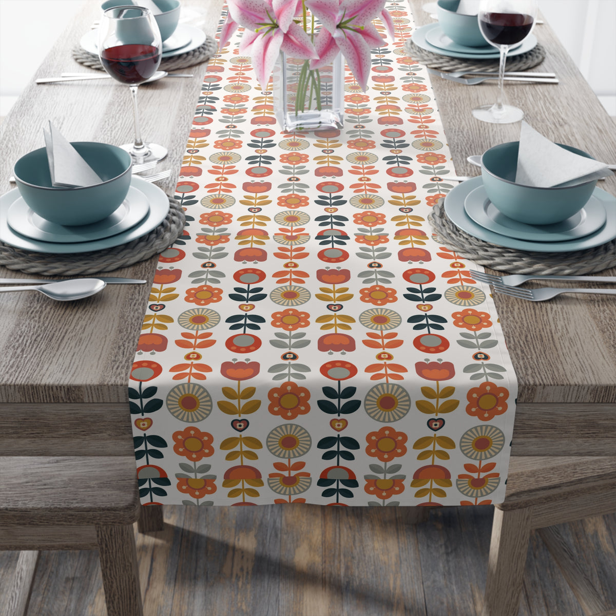Mid Mod Scandinavian Floral Modern DanishTable Runner - Vibrant Home Decor for Festive Occasions - Mid Century Modern Gal