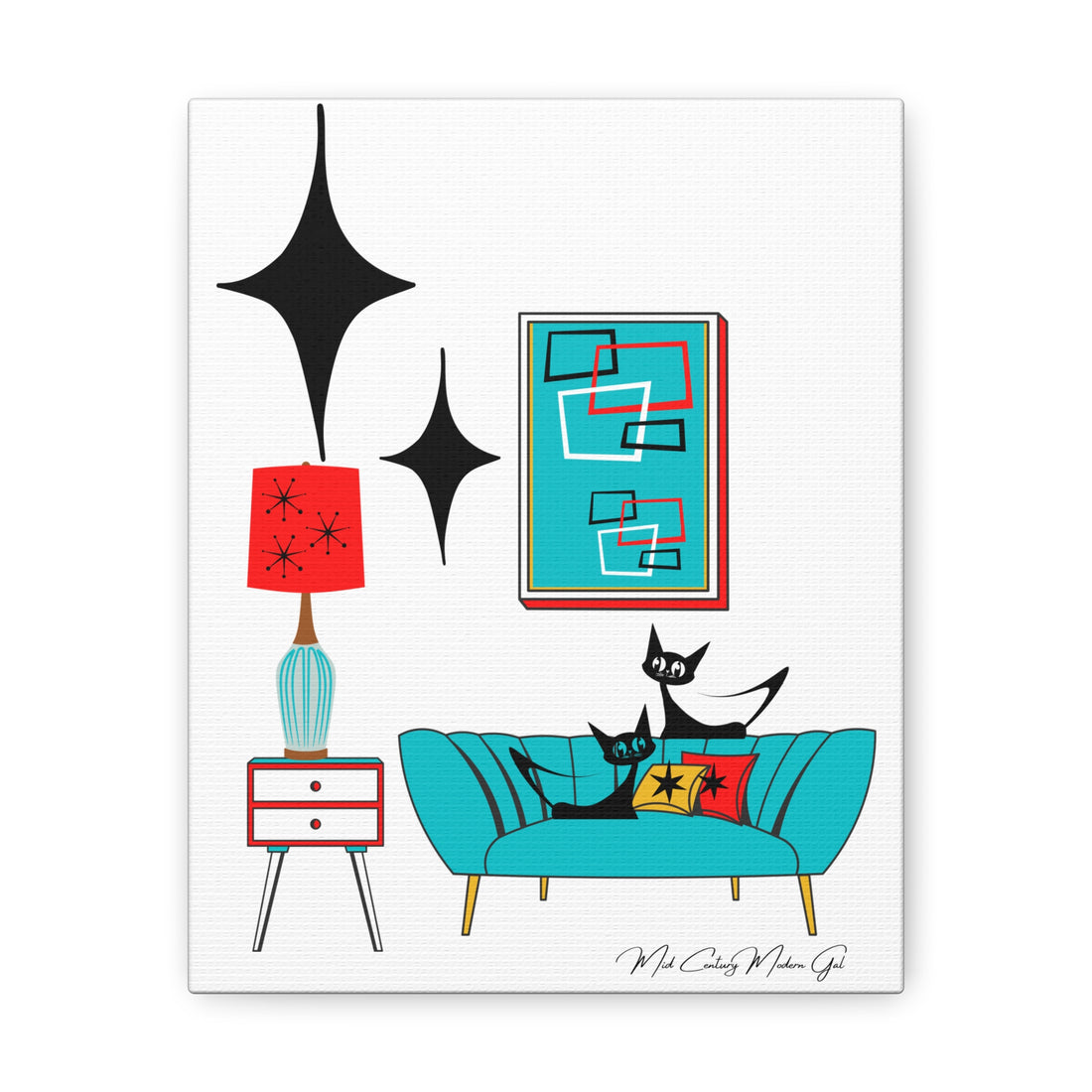 Mid Century Modern Wall Art, Atomic Cat Living Room Retro. Teal Blue, Red, Black Canvas Art - Mid Century Modern Gal