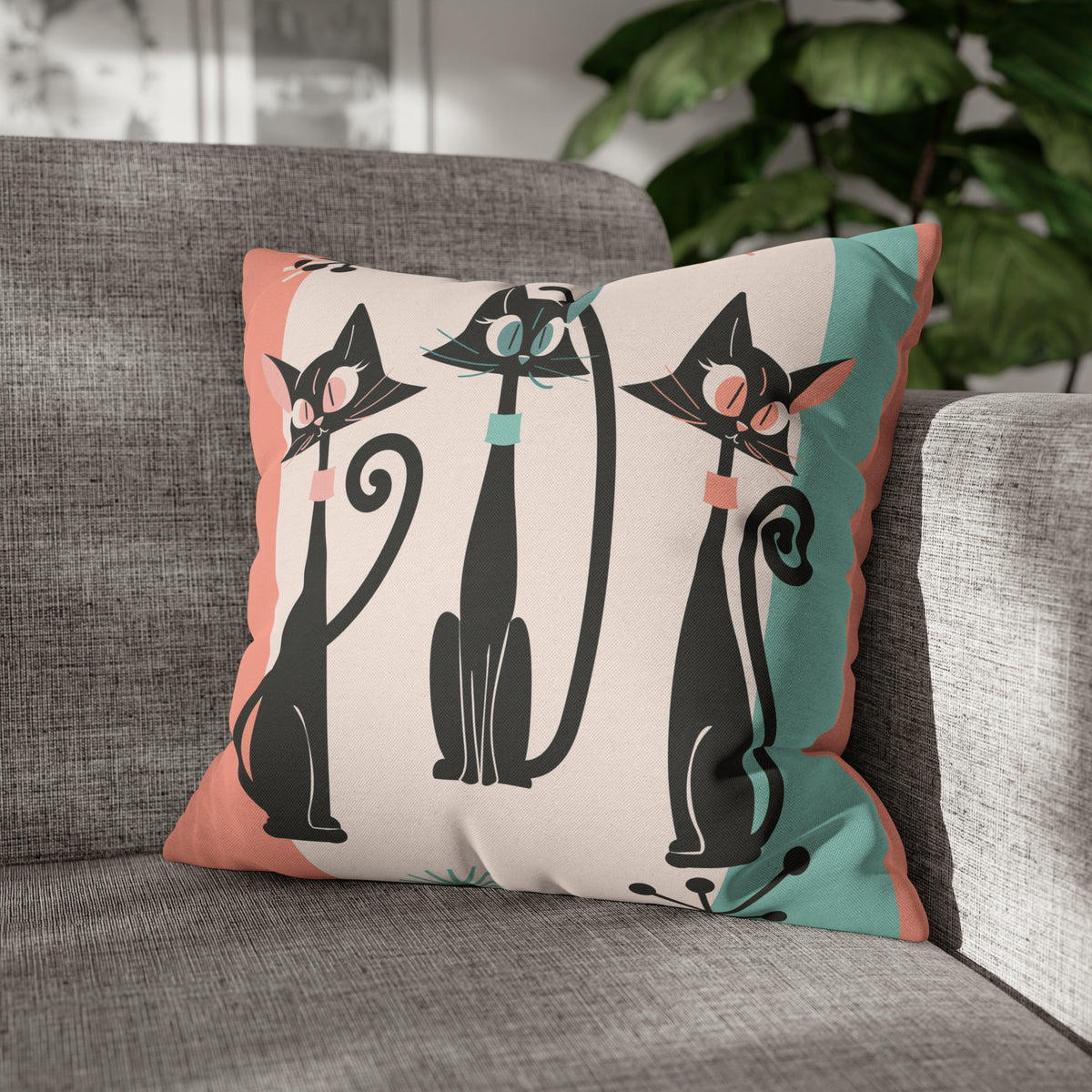 Atomic Cat Pillow, Kitschy 50s Mid Century Modern Style, Coral, Aqua, Creamy Beige, Retro MCM Atomic Home Living Pillow COVER - Mid Century Modern Gal