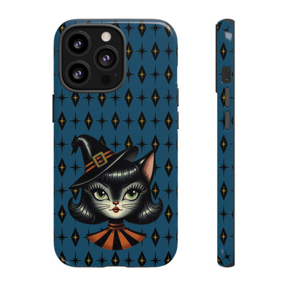 Vintage Halloween Black Cat Sexy Sexton Mid Century Modern Blue Tough Phone Case