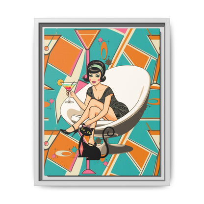 Mid Mod 60s Gal, Atomic Cat Barware Wall Art - Framed Matte Canvas with Vintage Cocktail And Retro Cat Design - Mid Century Modern Gal