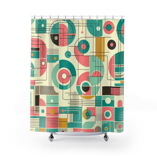 Mid Century Modern Shower Curtain, Geometric Pink, Mint, Abstract Bespoke MCM Retro Shower Curtain