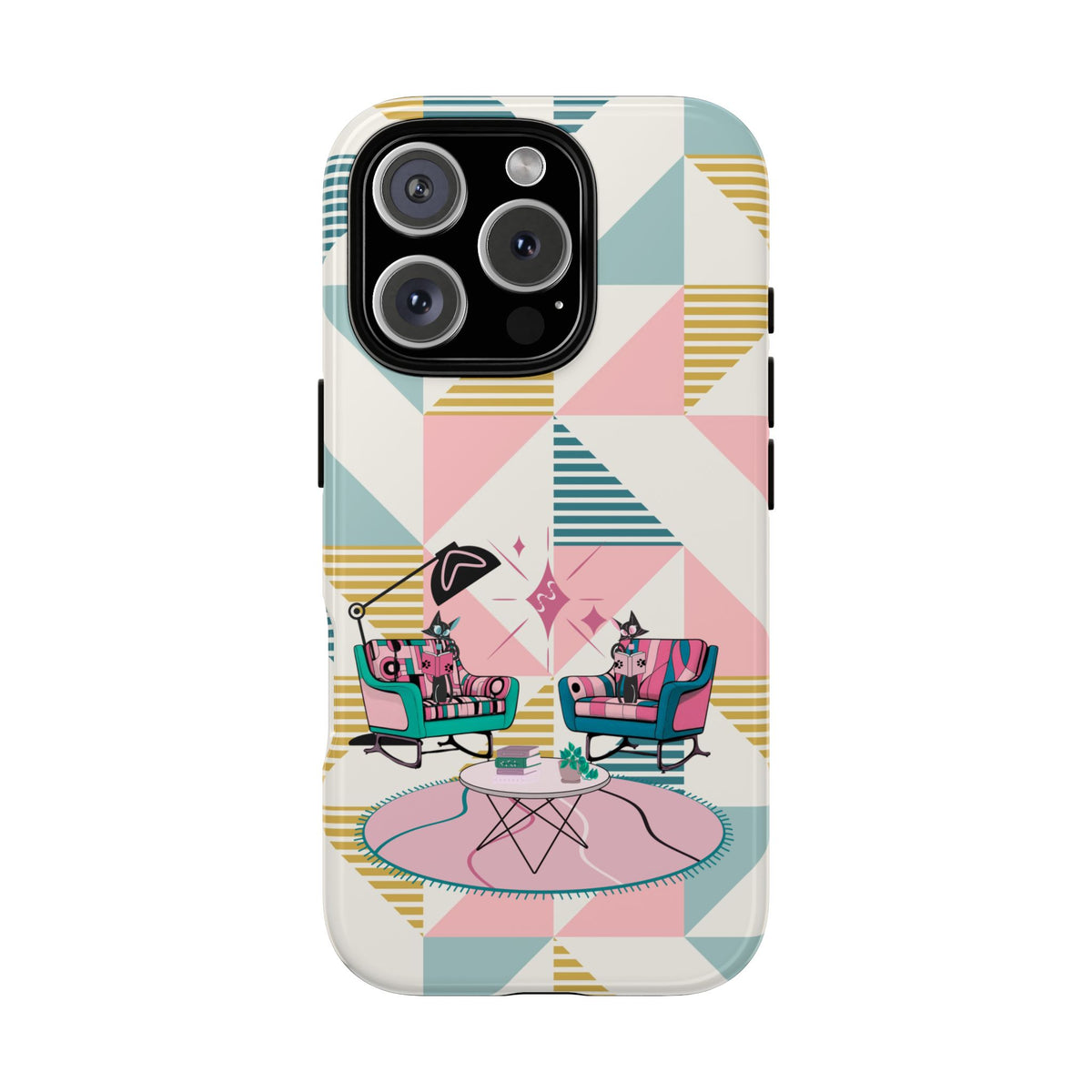 Atomic Cats Reading, Book Talk, Book Lover, Retro Chic Phone Case with Retro Vibe - Cozy Living Room Design - Mid Century Modern Gal