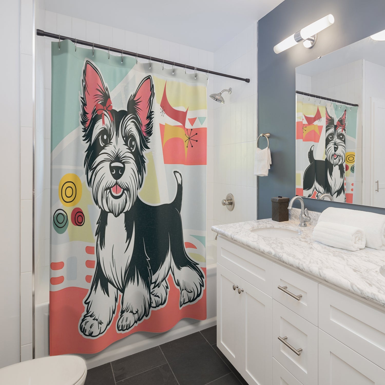 Scotty Dog Terrier Playful Dog  Mid Century Modern Retro Shower Curtain - Mid Century Modern Gal