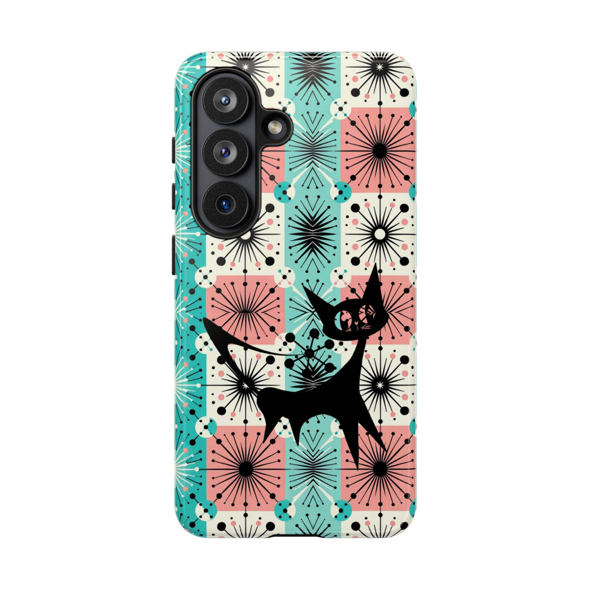 Atomic Kitschy Cat, Mid Century Modern Pink, Aqua Starbursts Tough Phone Case