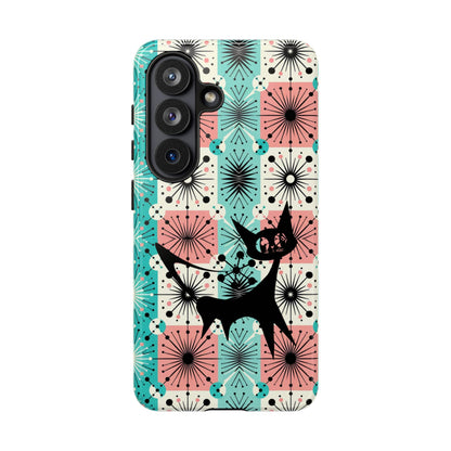 Atomic Kitschy Cat, Mid Century Modern Pink, Aqua Starbursts Tough Phone Case