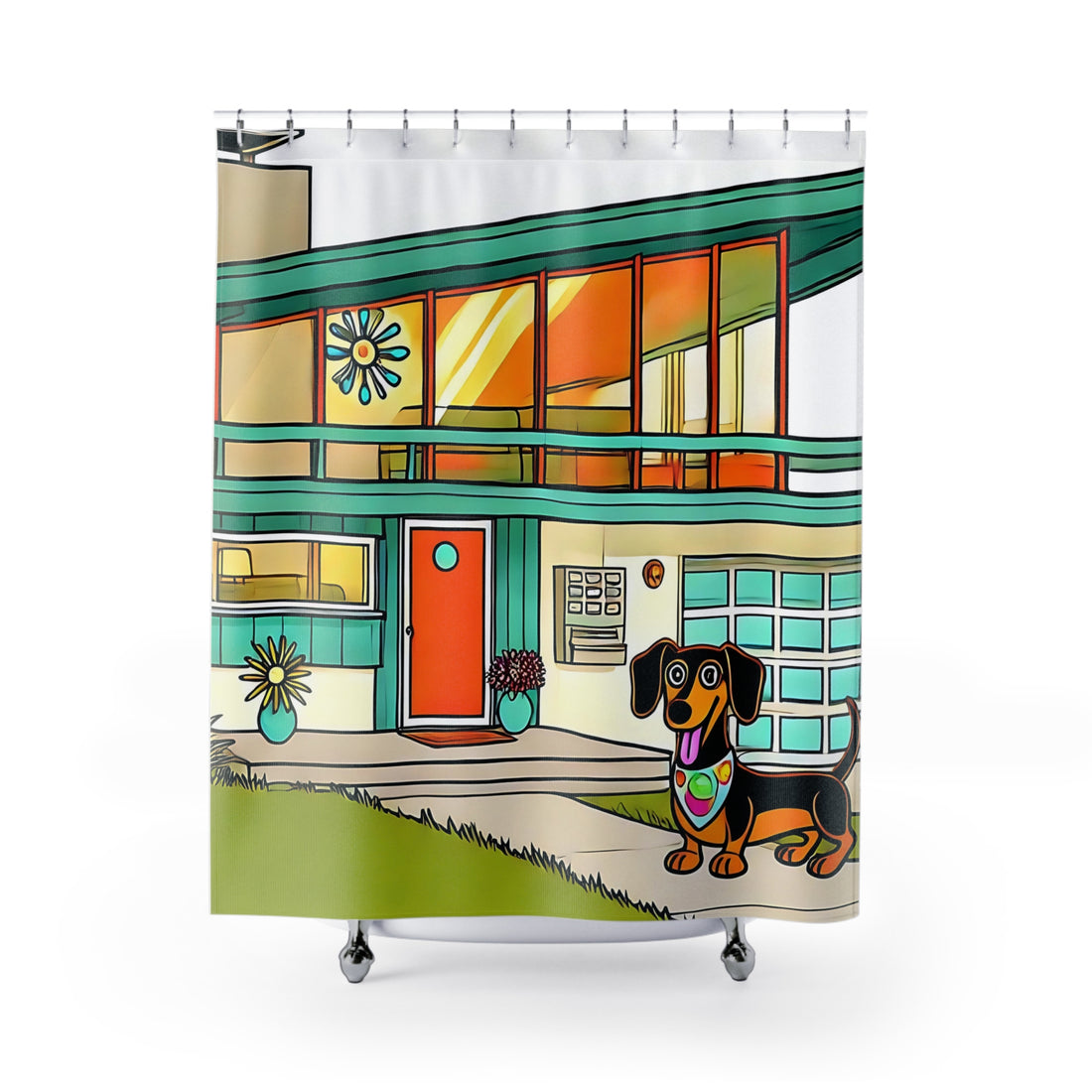 Doxie Dog Palm Spring California Mid Century Modern Kitschy Shower Curtain