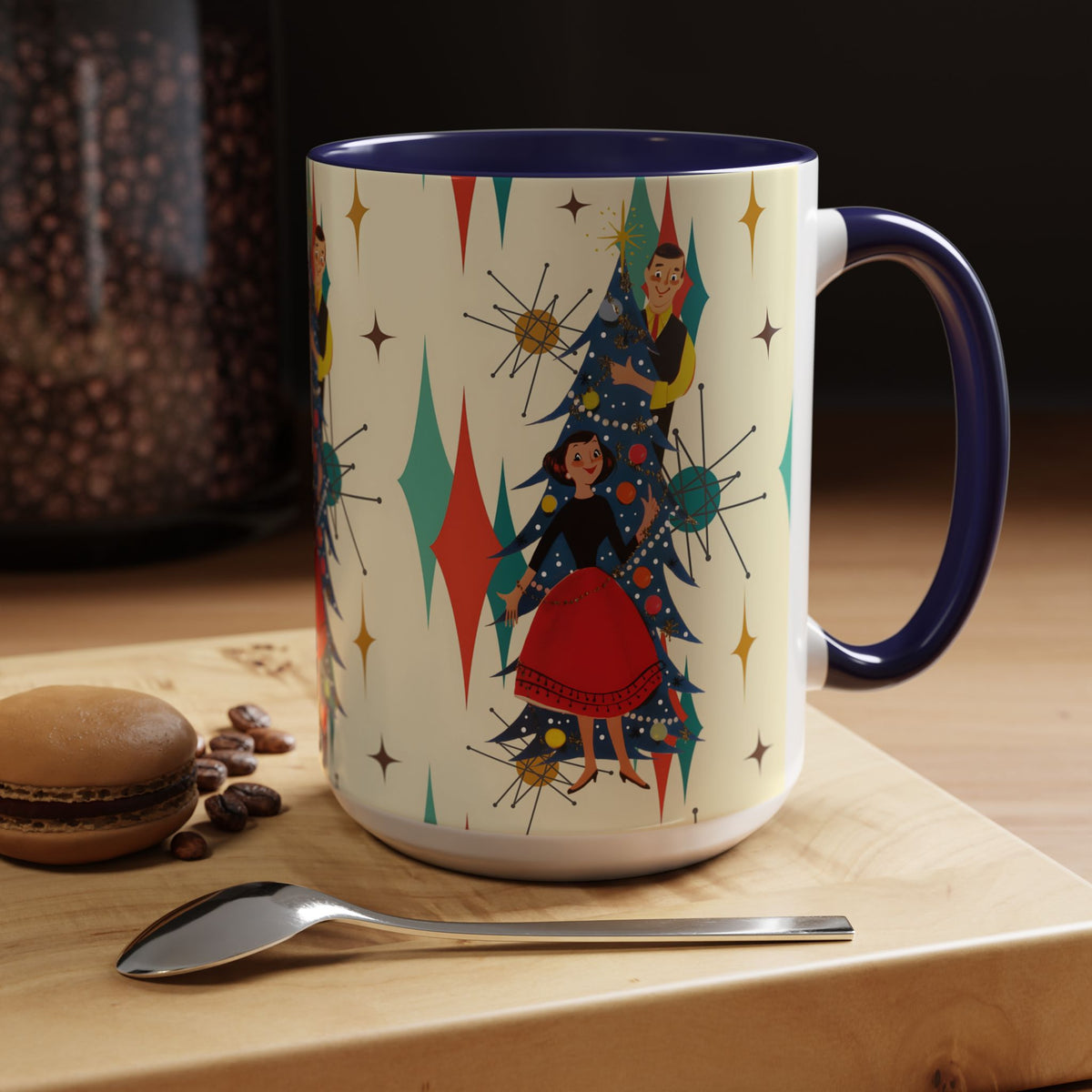 Mid Century Modern 50s Kitsch Christmas Starburst Coffee Mug featuring retro holiday designs with vibrant colors and starburst patterns.