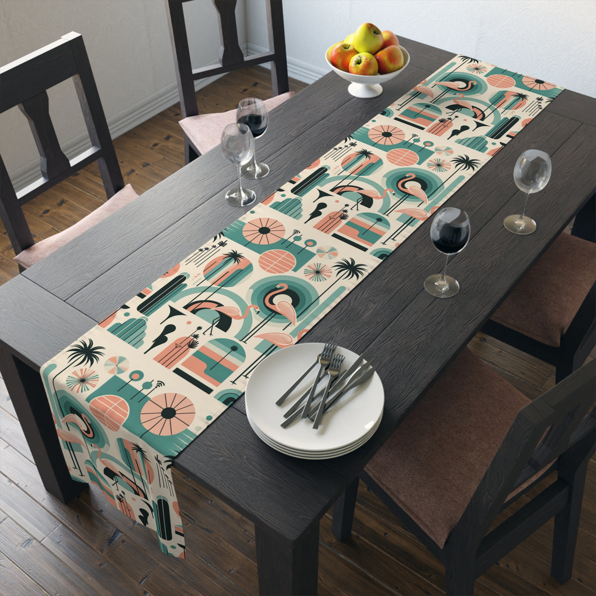 Palm Springs California Flamingo Mid Century Modern Pink, Aqua, MCM Table Runner - Mid Century Modern Gal