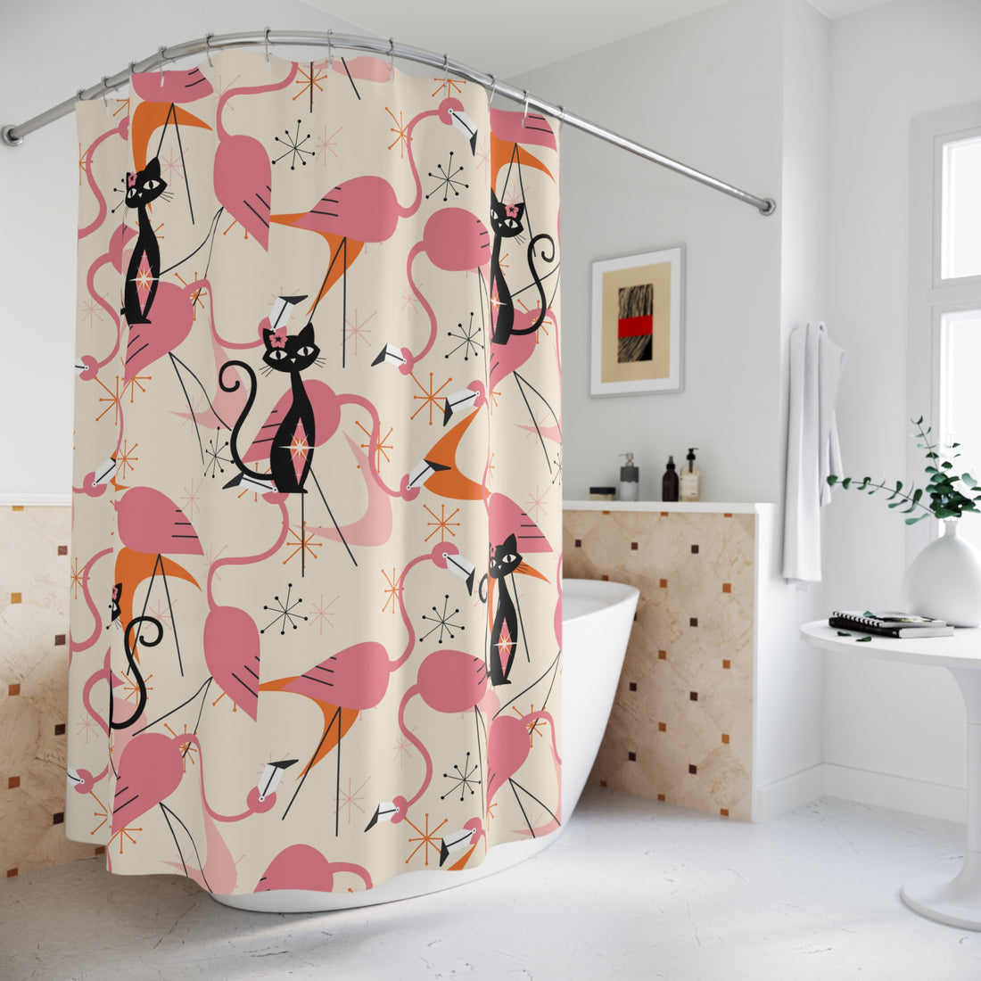 Atomic Cat, Whimsical Flamingos, Kitschy Mid Century Modern Shower Curtain - Stylish Bathroom Decor - Mid Century Modern Gal