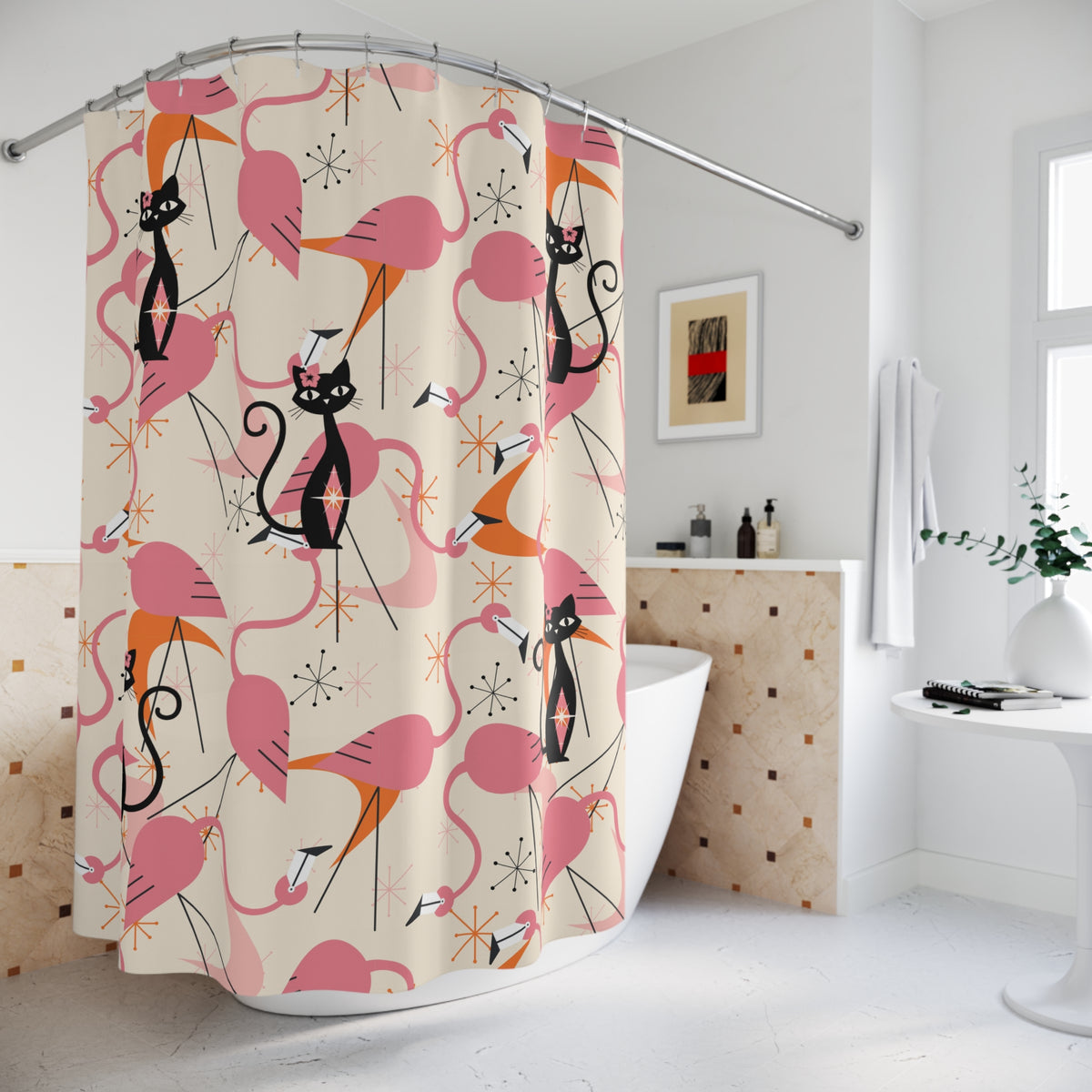 Atomic Cat, Whimsical Flamingos, Kitschy Mid Century Modern Shower Curtain - Stylish Bathroom Decor - Mid Century Modern Gal