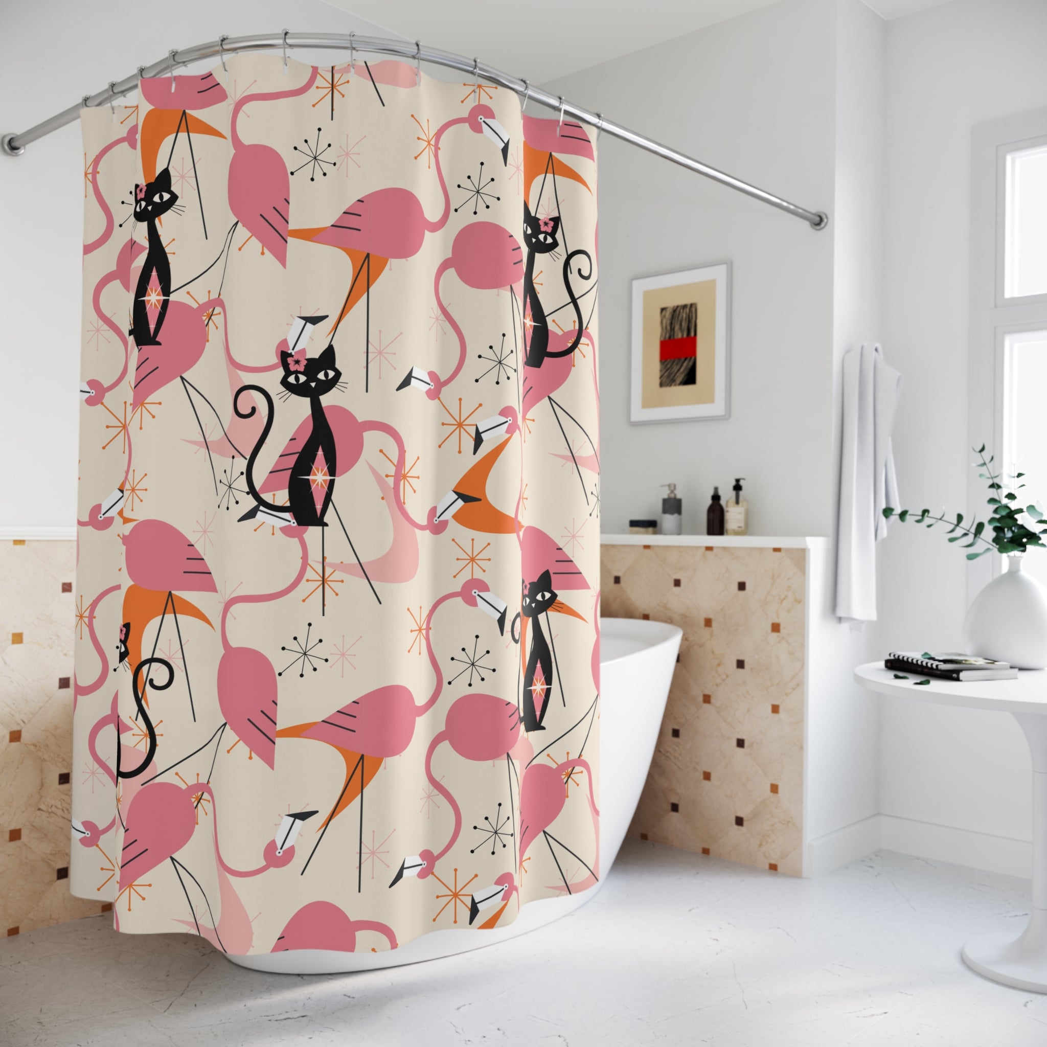 Atomic Cat, Whimsical Flamingos, Kitschy Mid Century Modern Shower Curtain - Stylish Bathroom Decor - Mid Century Modern Gal