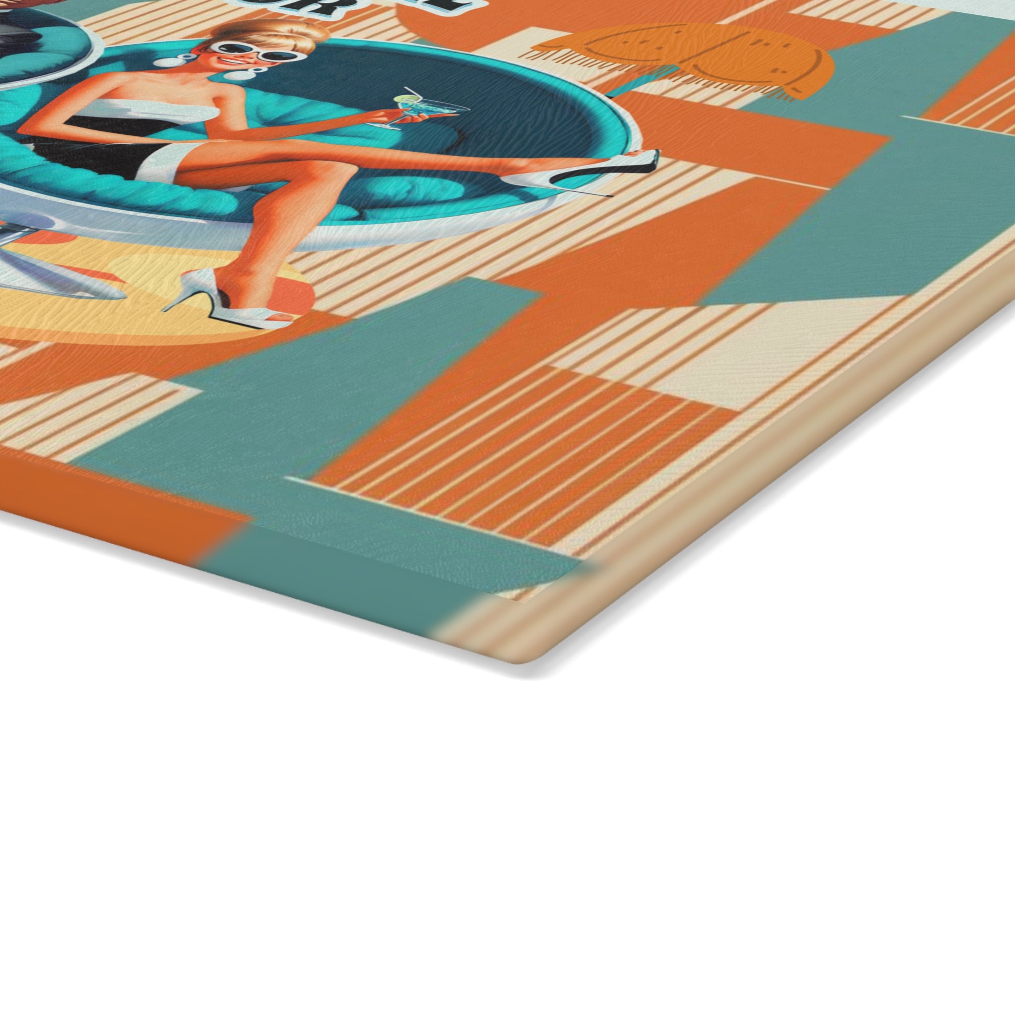Mid Century Modern Barware Tabletop Glass Cutting Board With Mod 60s Couple,Retro Cocktail Hour - Mid Century Modern Gal