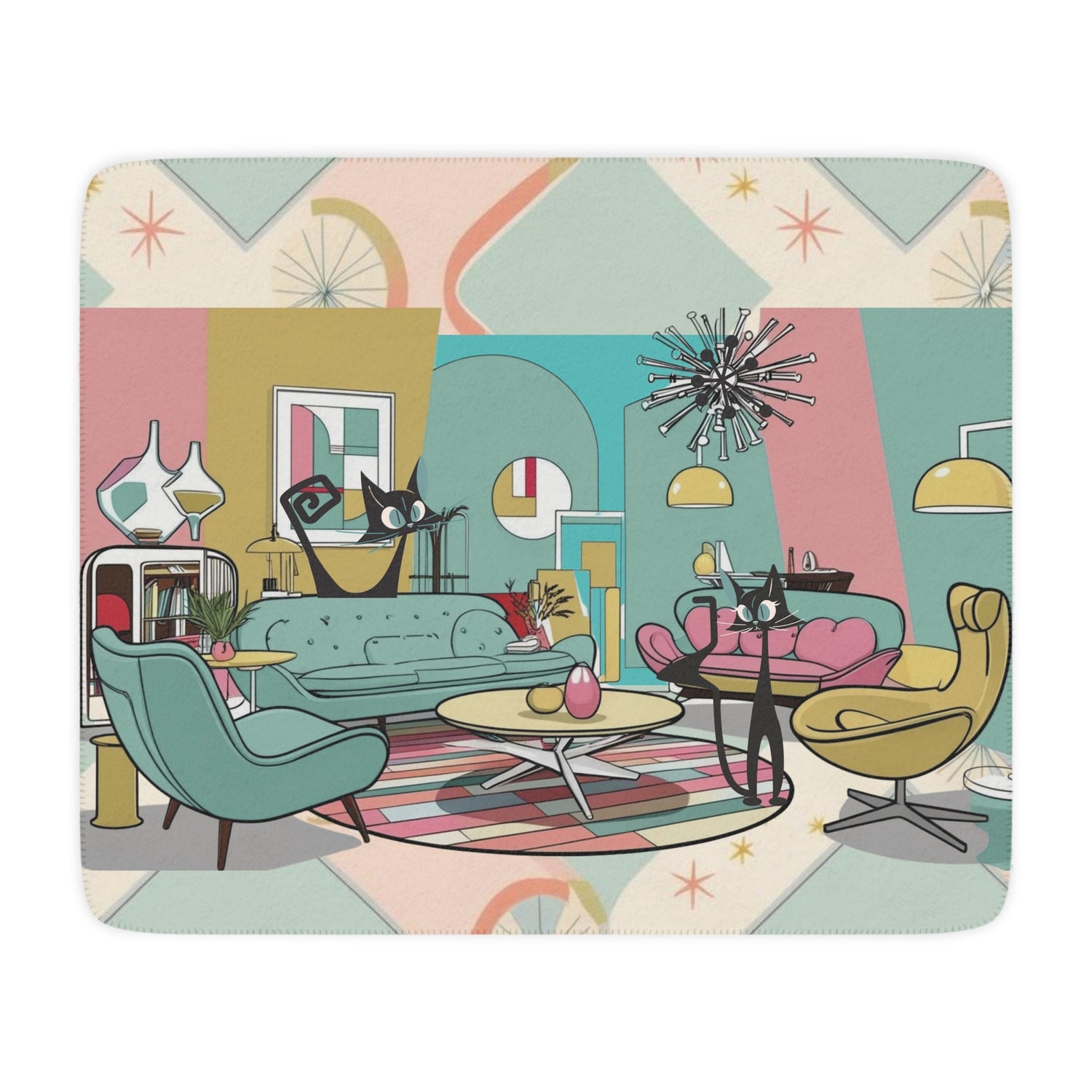 Atomic Cats, Lounging Cozy Cat Mid Century Modern Kitschy Mod Blanket - Mid Century Modern Gal