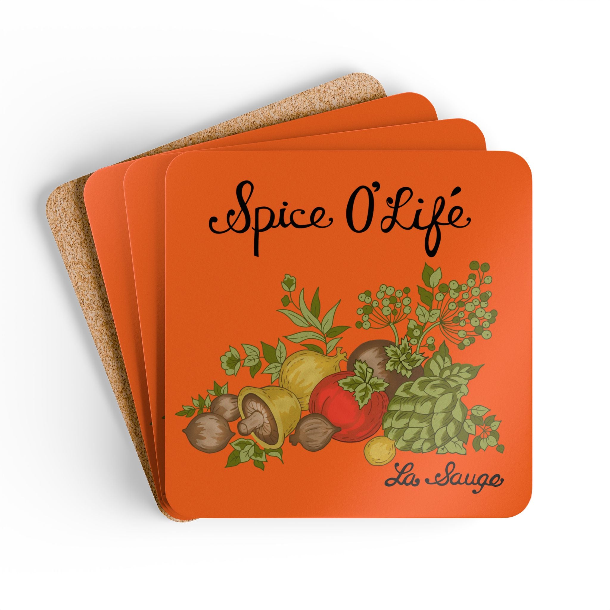 70s Spice Of Life, Corningware Inspired Orange Kitschy Kitchen Corkwood Coaster Set