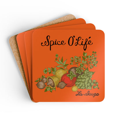 70s Spice Of Life, Corningware Inspired Orange Kitschy Kitchen Corkwood Coaster Set