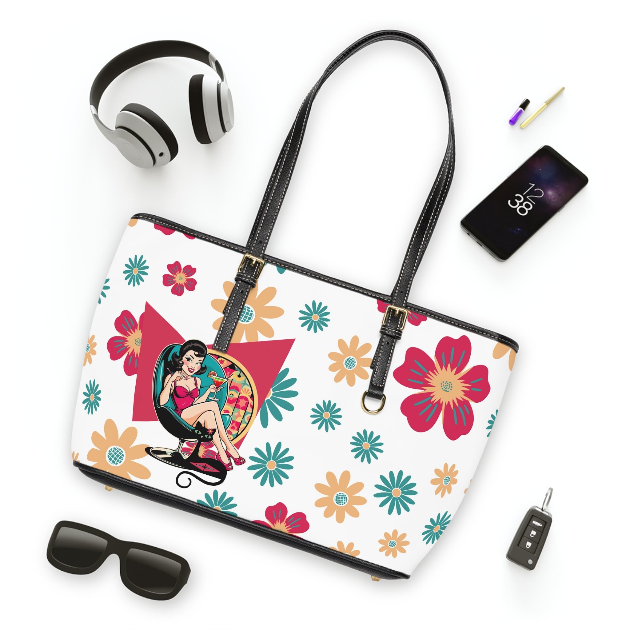 Mid Century Modern Gal Signature Handbag, Retro Mod Floral Spring Summer  Shoulder Bag | Atomic Cat Floral &amp; Retro Design - Mid Century Modern Gal