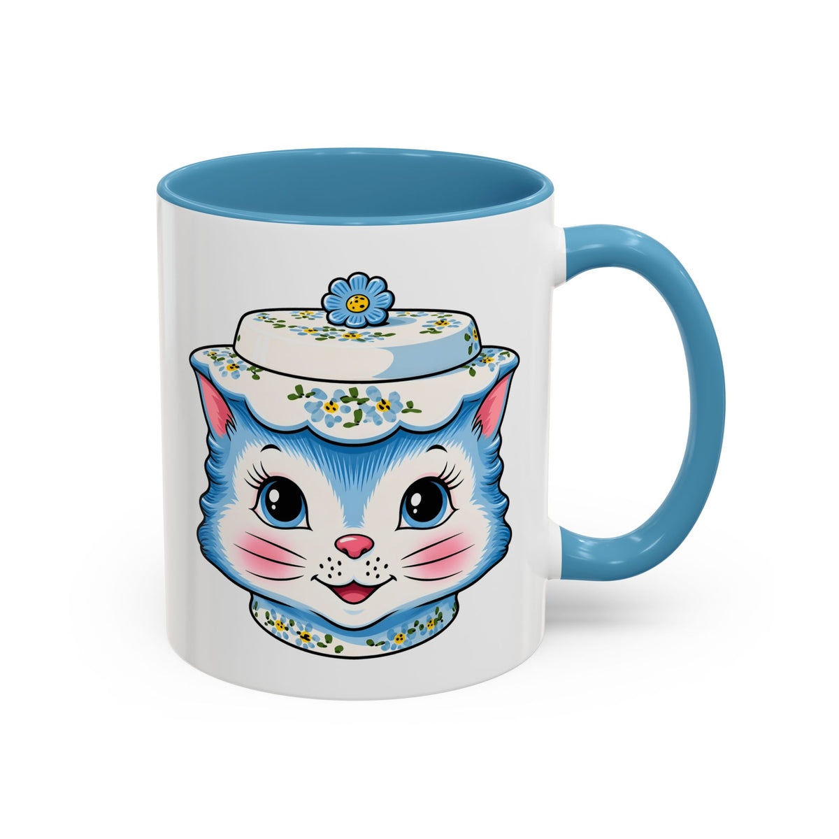Mid Century Modern Kitschy Anthropomorphic Blue Cat with Floral Hat Accent Coffee Mug - Mid Century Modern Gal