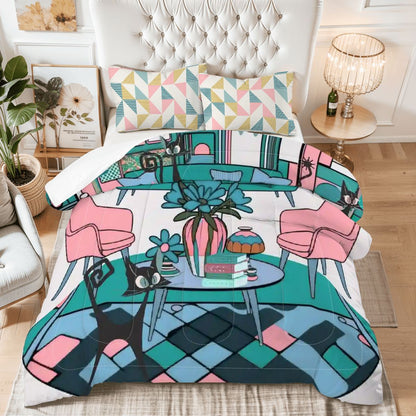 Mid Century Modern Atomic Kitschy Cats, Mod Lounge Scene, Retro MCM King Comforter Set - Mid Century Modern Gal