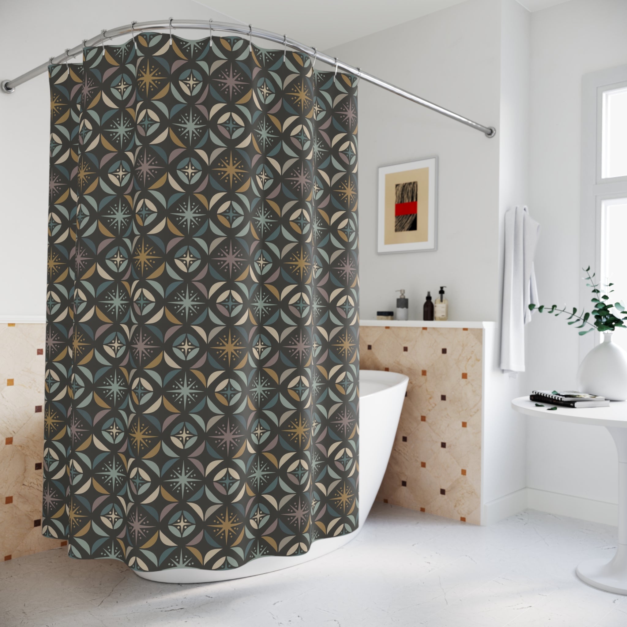 Mid Century Modern Elegant Gray Geometric Starburst Shower Curtain - Mid Century Modern Gal