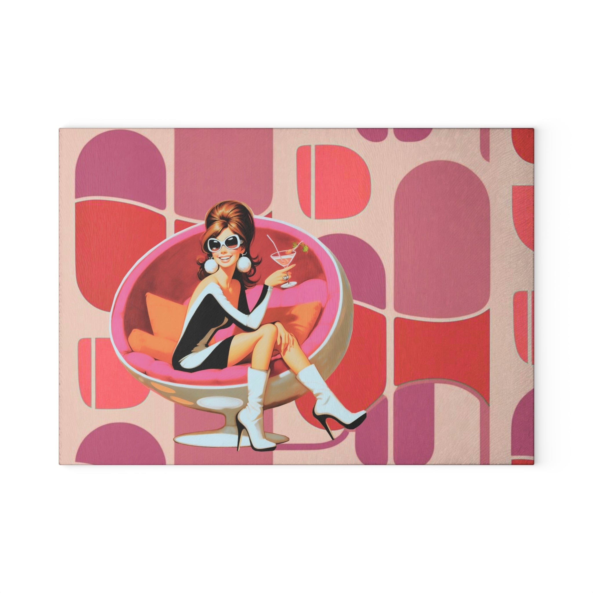 Mid Mod 60s Retro Gal, Cocktail Hour, MCM Barware Glass Cutting Board - Mid Century Modern Gal