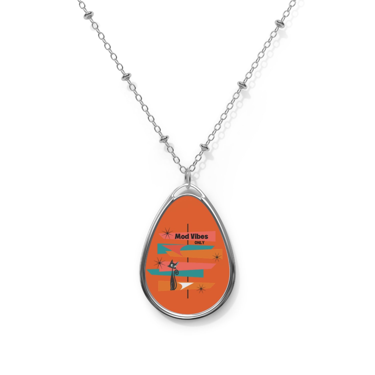 Atomic Cat Mod Necklace Retro Cat Design Oval Necklace - Good Vibes Only Jewelry - Mid Century Modern Gal