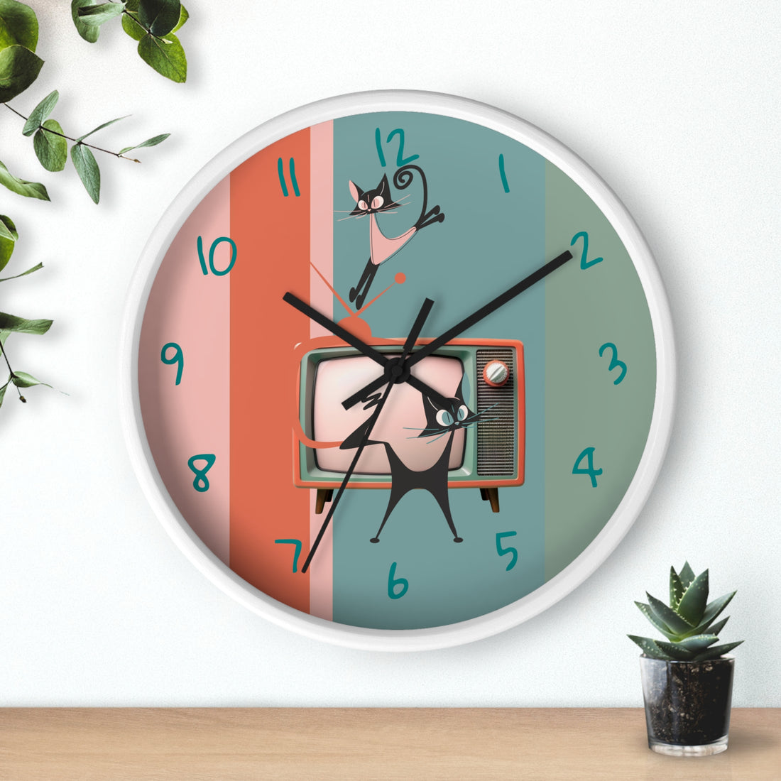 Atomic Cat Wall Clock, Mid Century Modern TV, Kitschy Black Cats, Whimsical Retro Cat Mom Gift For Bedroom, Livingroom, Kitchen