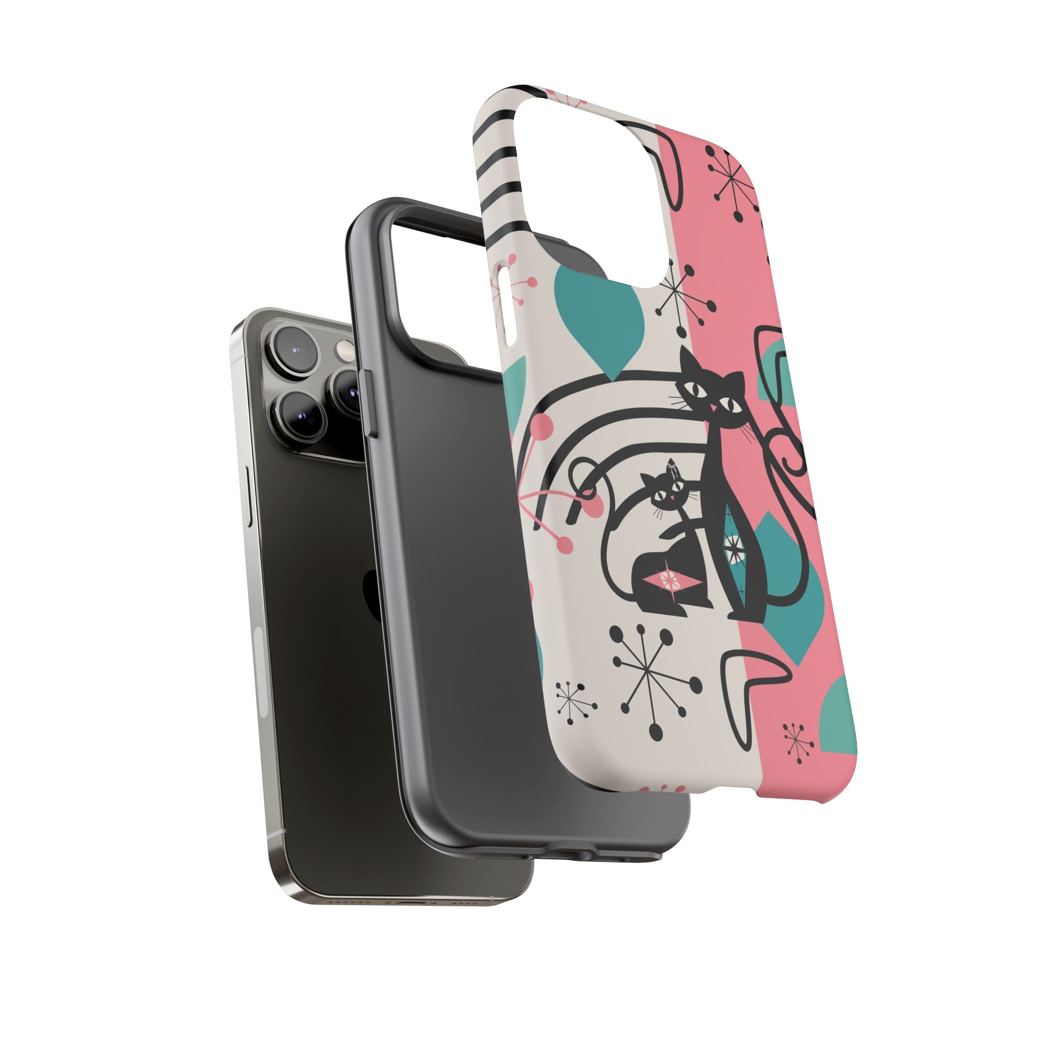 Mid Mod Atomic Cat Boomerang Starburst, Pink, Black Kitschy Stylish Cat Phone Case: Modern Design for Cat Lovers