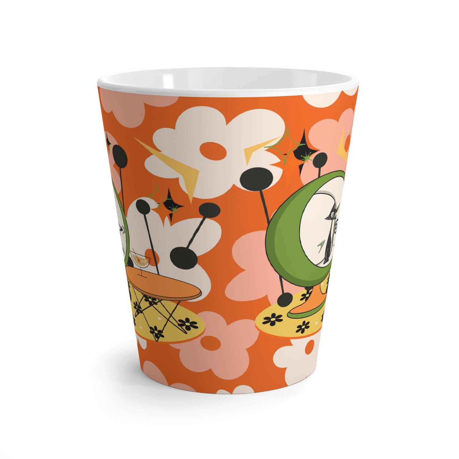 70s Retro Floral Latte Mug with Playful Atomic Cat Design - Perfect for Coffee Lovers - Mid Century Modern Gal