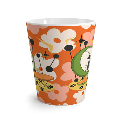 70s Retro Floral Latte Mug with Playful Atomic Cat Design - Perfect for Coffee Lovers - Mid Century Modern Gal
