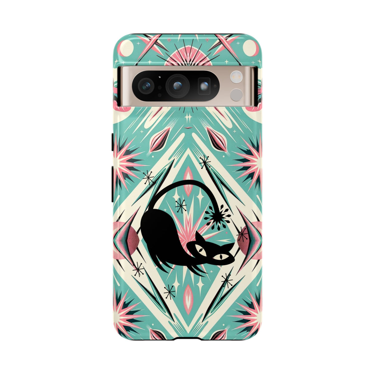 Atomic Cat, Mid Century Modern Aqua Blue, Pink, Starbursts Tough Phone Case