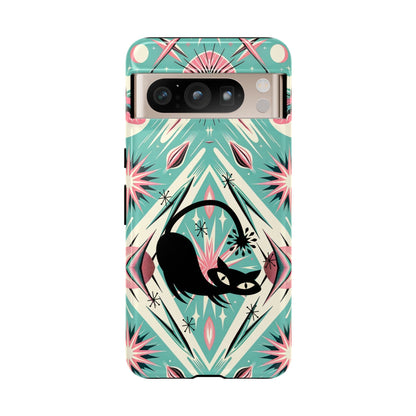 Atomic Cat, Mid Century Modern Aqua Blue, Pink, Starbursts Tough Phone Case