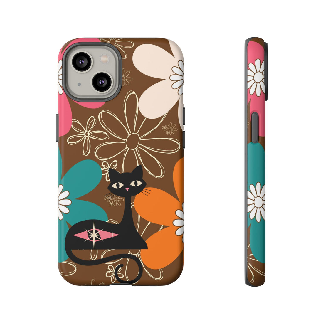 Atomic Cat Retro 70s Vibe Flower Power Tough Cases: Cute Floral and Cat Phone Case for Cat Lovers - Mid Century Modern Gal
