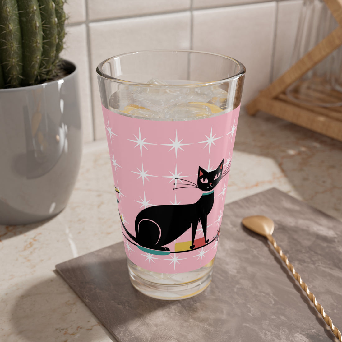 Atomic Cat Retro 50s Pink White Starburst Mid Century Modern Barware Vintage-Inspired Cat Glassware - Mid Century Modern Gal