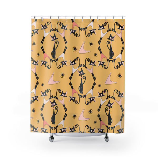 Atomic Cat Shower Curtain, Cat Mom Gifts, Black Cat Lover, Mid Century Modern Atomic Boomerangs, Mustard Yellow, MCM Bath Decor