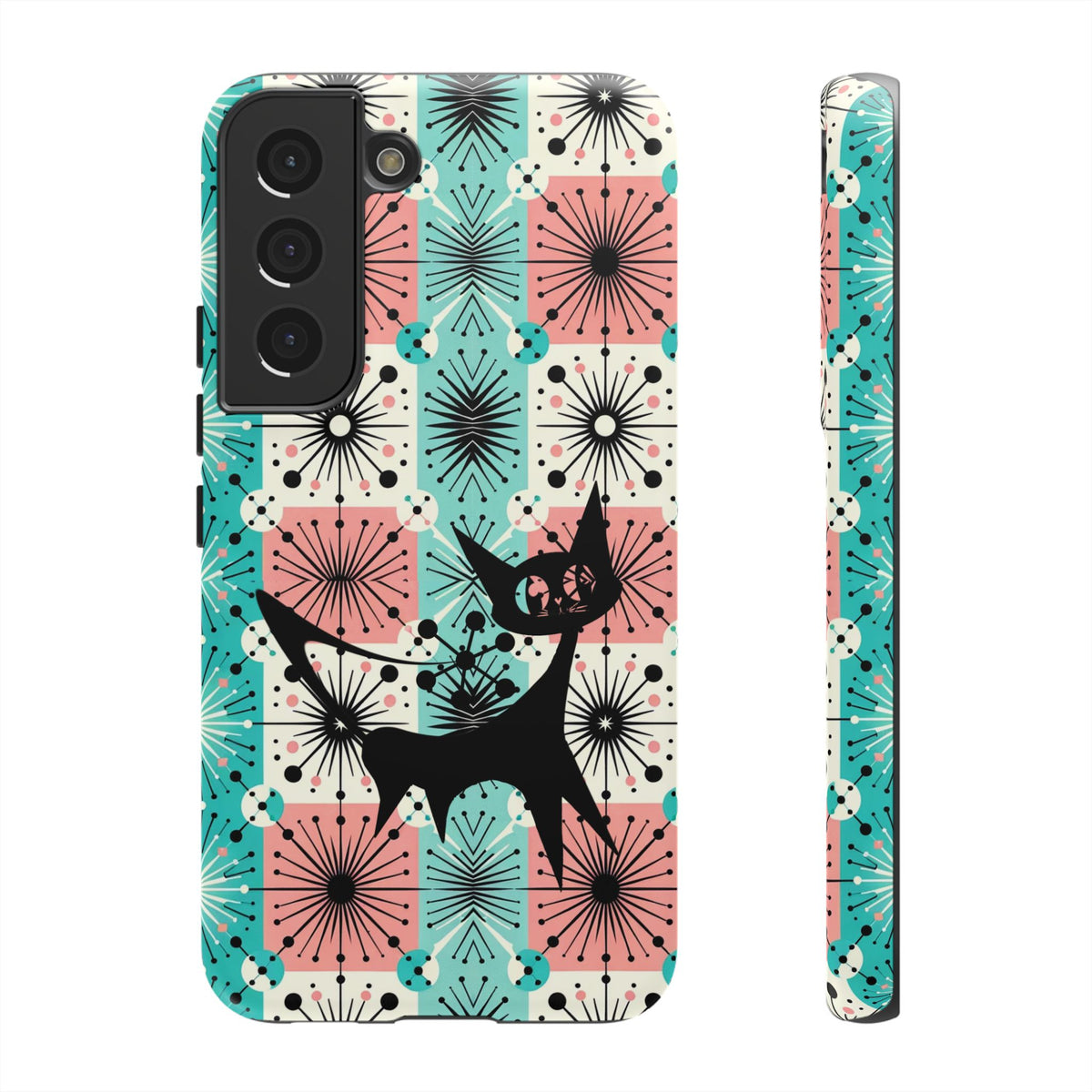 Atomic Kitschy Cat, Mid Century Modern Pink, Aqua Starbursts Tough Phone Case