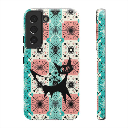 Atomic Kitschy Cat, Mid Century Modern Pink, Aqua Starbursts Tough Phone Case