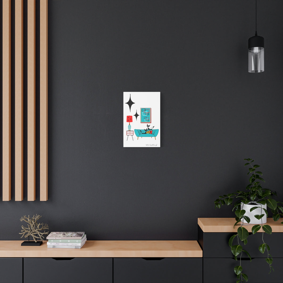 Mid Century Modern Wall Art, Atomic Cat Living Room Retro. Teal Blue, Red, Black Canvas Art - Mid Century Modern Gal