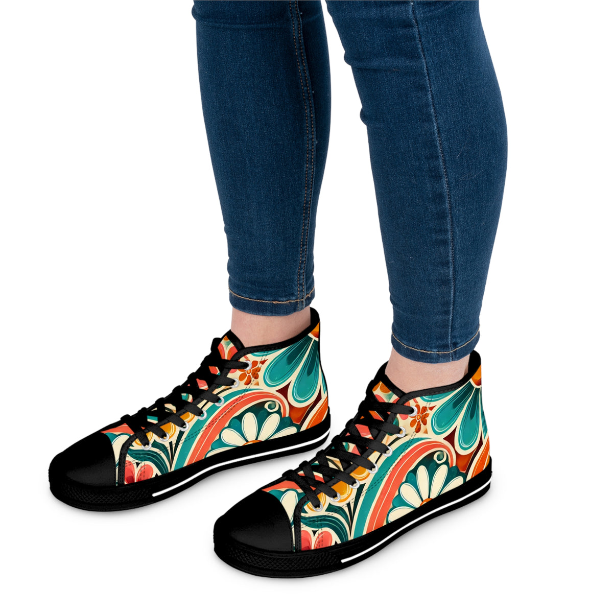 Retro 70s Bohemian Floral Women's High Top Sneakers - Vibrant Style for Every Occasion - Mid Century Modern Gal