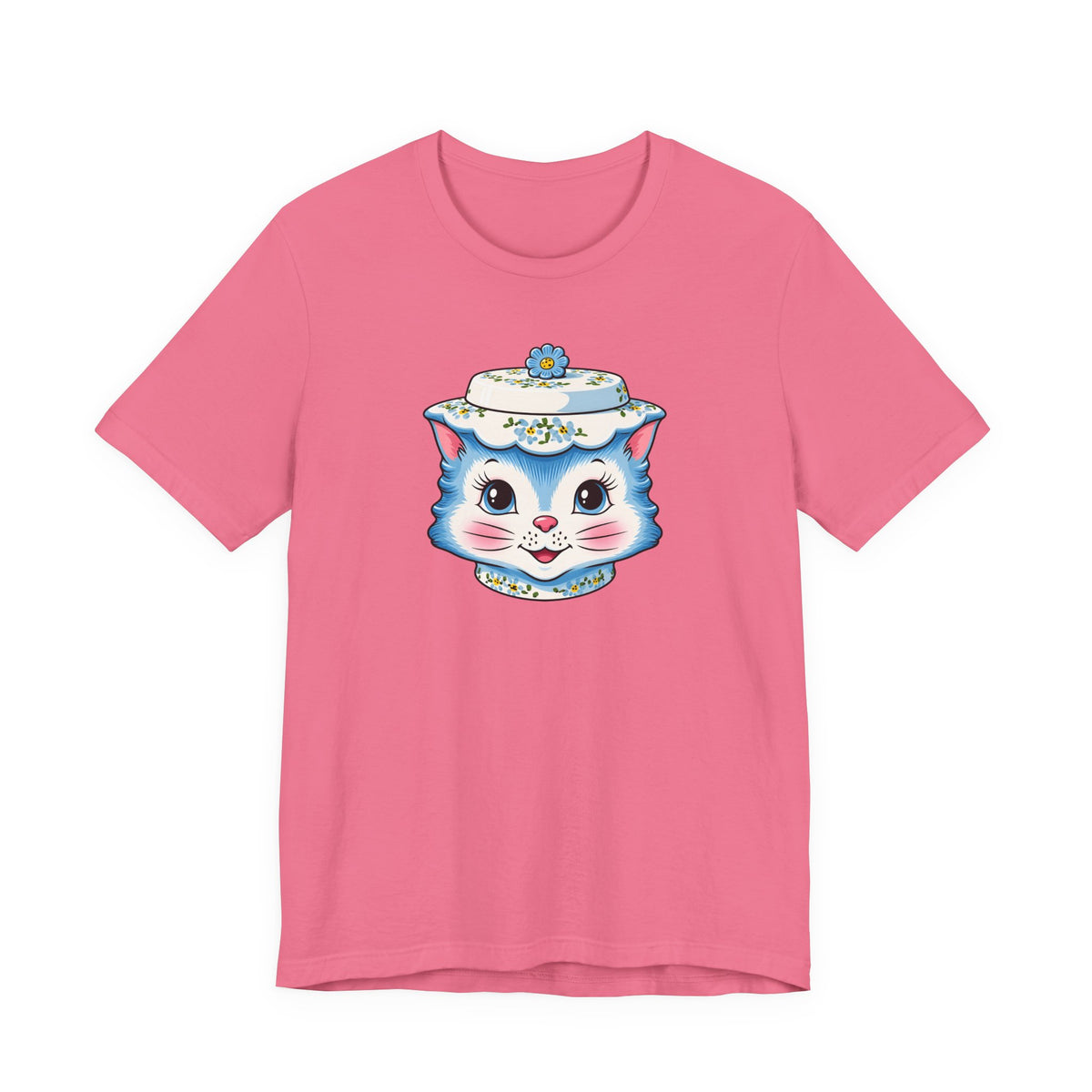Mid Century Modern Kitschy Anthropomorphic Blue Cat with Floral Hat Unisex T-Shirt
