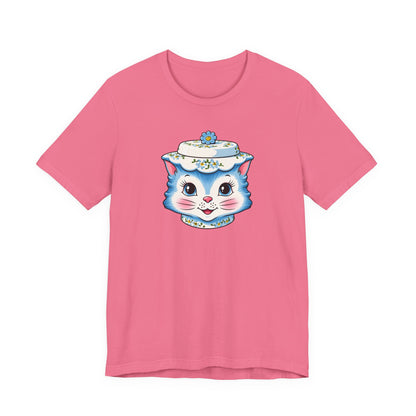 Mid Century Modern Kitschy Anthropomorphic Blue Cat with Floral Hat Unisex T-Shirt