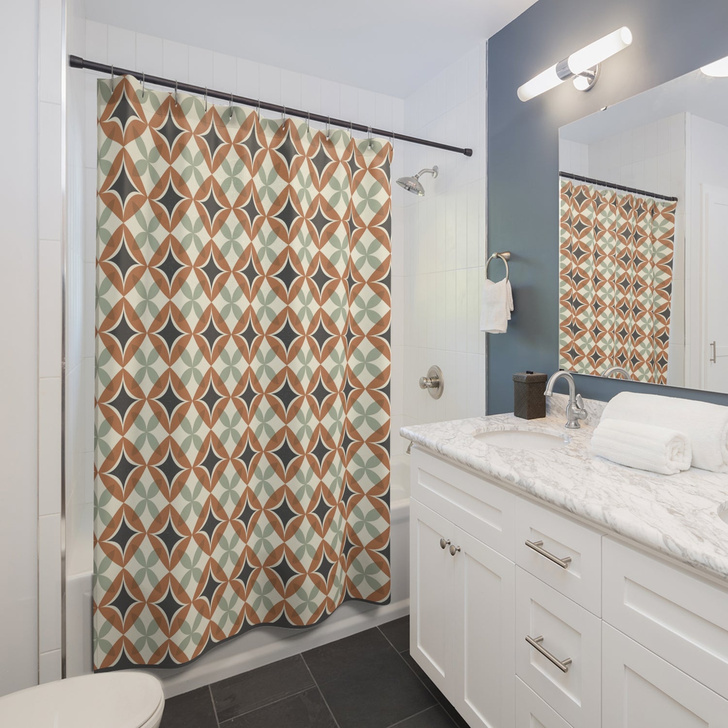 Mid Century Modern Interlocking Geometric, Terracotta Sage Charcoal Shower Curtain - Mid Century Modern Gal