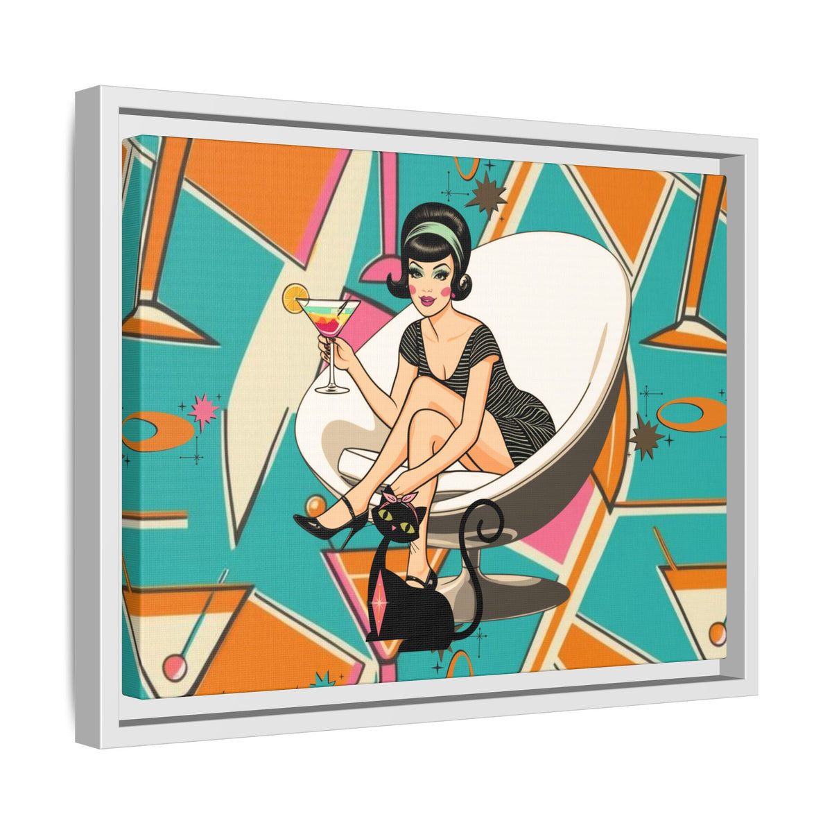 Framed matte canvas wall art featuring a retro cat and vintage cocktail design in vibrant mid-century colors.