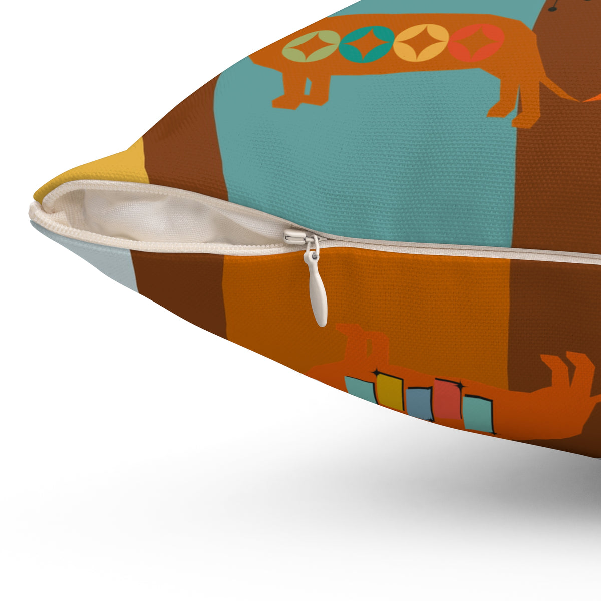 Doxie Dog, Dachshund Lover, Retro Colorful Dog-Themed Square Pillow - Cozy Home Decor - Mid Century Modern Gal