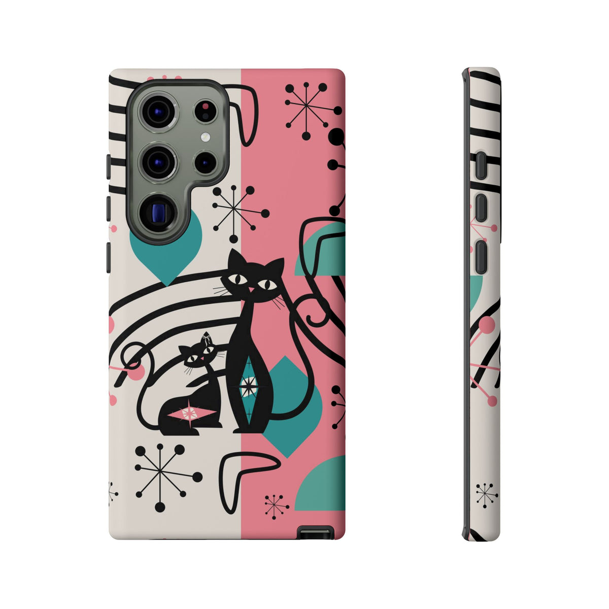 Mid Mod Atomic Cat Boomerang Starburst, Pink, Black Kitschy Stylish Cat Phone Case: Modern Design for Cat Lovers - Mid Century Modern Gal