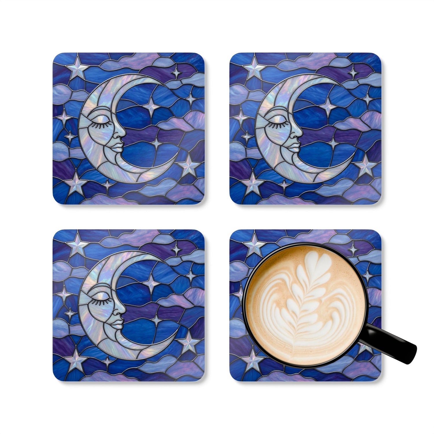 Halloween Stained Glass Style Night Sky Crescent Moon Stars Clouds Corkwood Coaster Set