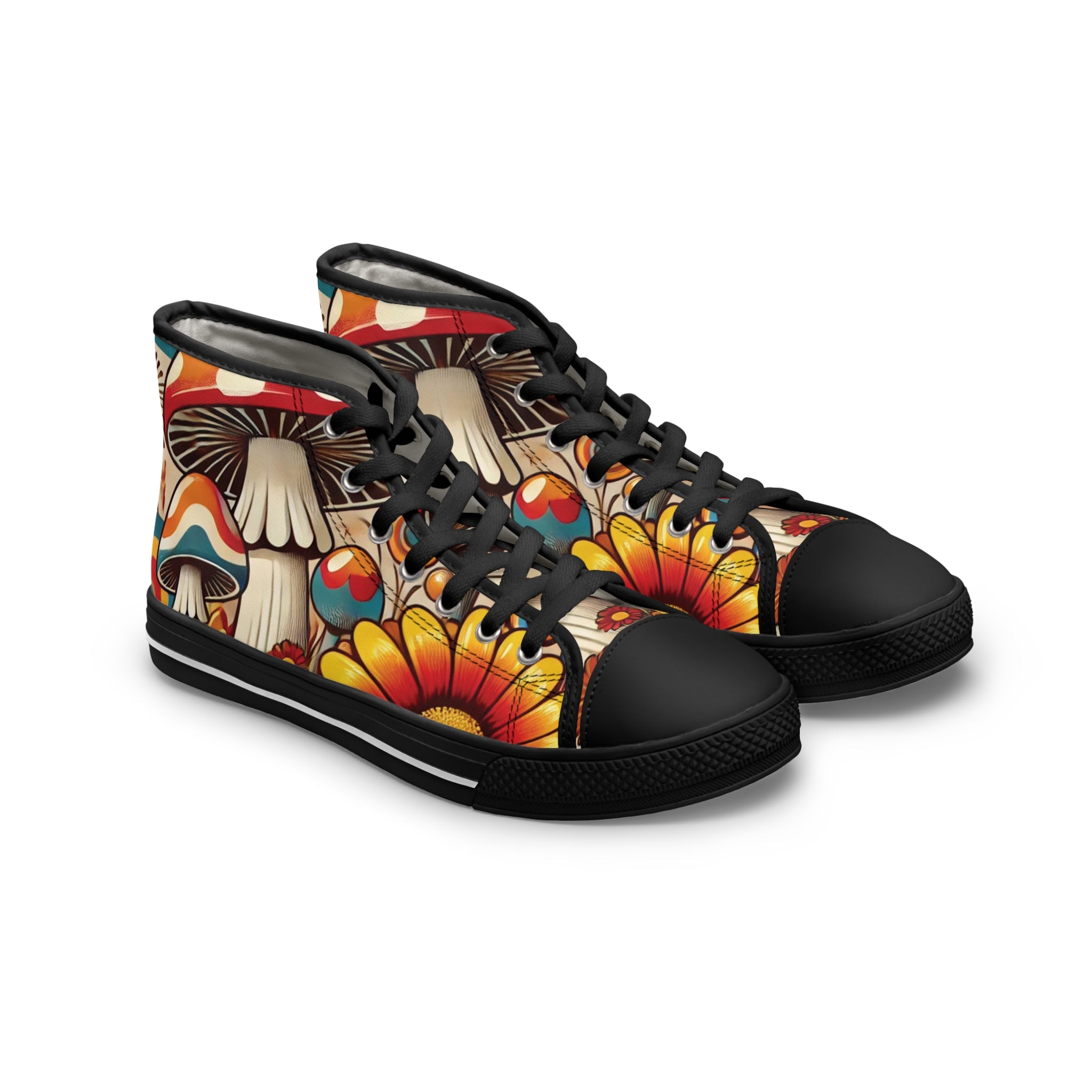 70s Mushroom Flower Power Bohemian Style High Top Sneakers with Floral and Mushroom Design - Mid Century Modern Gal